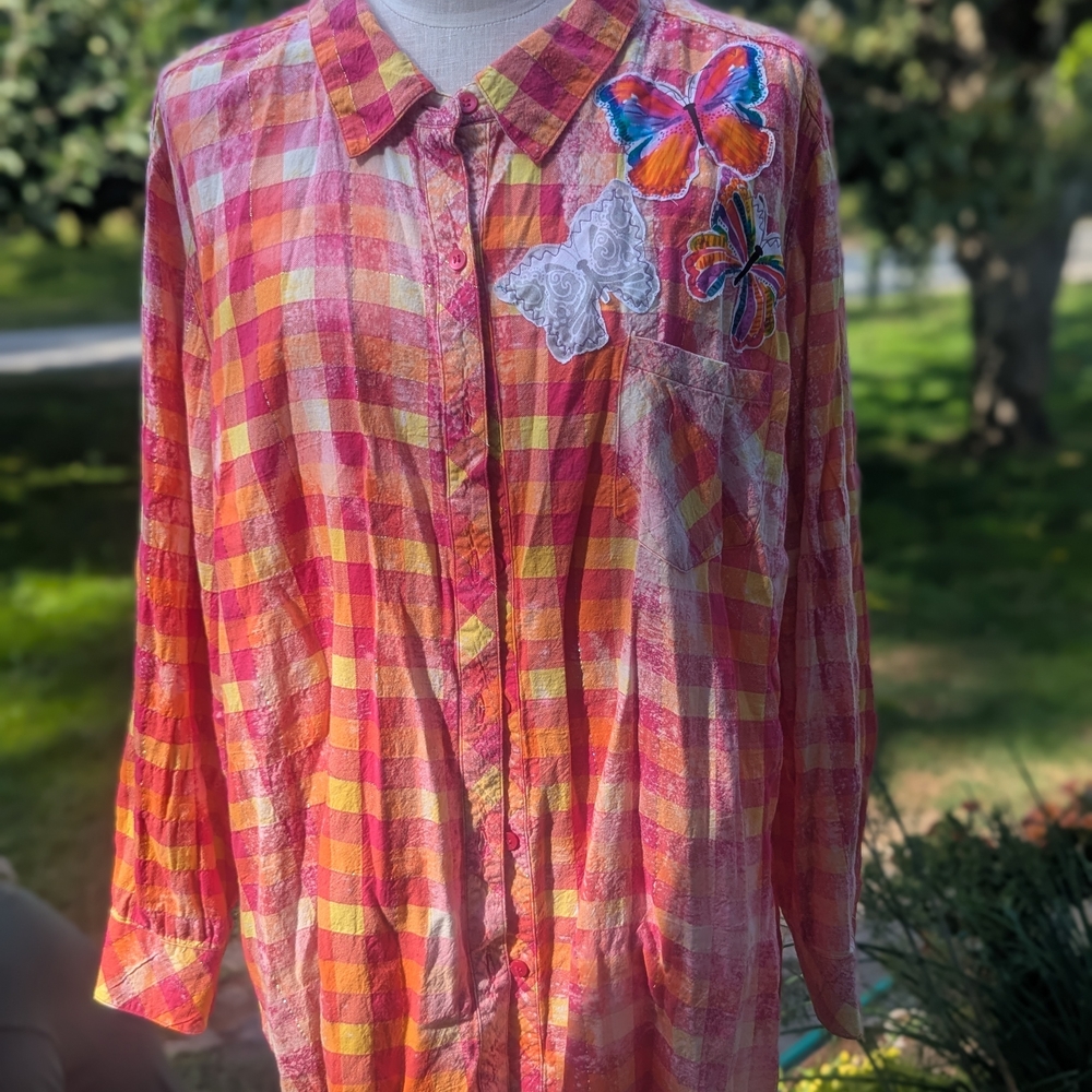 Colorful Checkered Shirt with Butterfly Embroidery